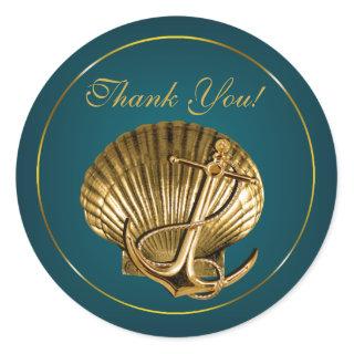 Anchored Seashell Nautical Thank You | turquoise Classic Round Sticker
