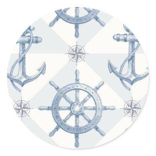 Anchors & Ship Wheel Pattern Classic Round Sticker