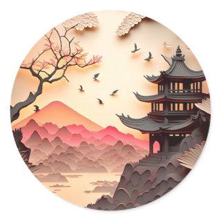 Ancient Chinese Scene Paper Cut Round Stickers