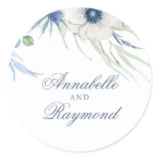 Anemone Thistle Natural Dusty Blue Watercolor Classic Round Sticker