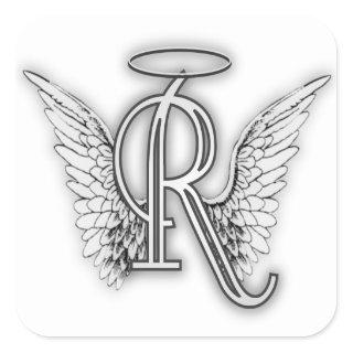 Angel Alphabet R Initial Letter Wings Halo Square Sticker