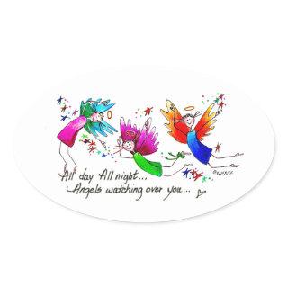 Angels Flying Happily “All Day” Watercolor Sketch Oval Sticker