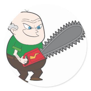 Angry man with chainsaw cartoon classic round sticker