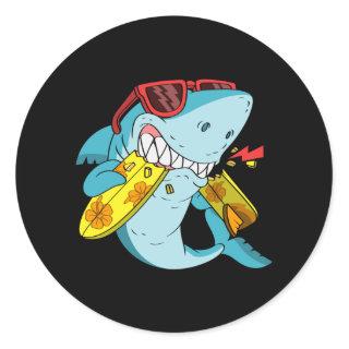 angry shark bite a surfboard classic round sticker