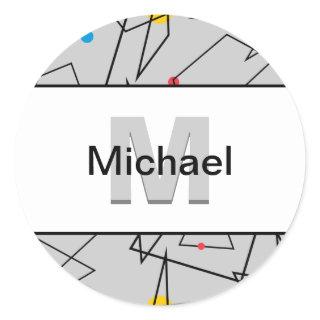 Angular Geometric Retro Pattern Monogrammed Classic Round Sticker