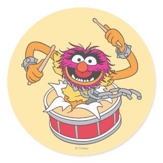 Animal Crashing Through Drums Classic Round Sticker