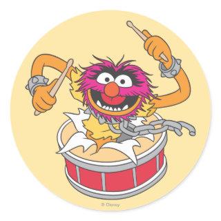 Animal Crashing Through Drums Classic Round Sticker