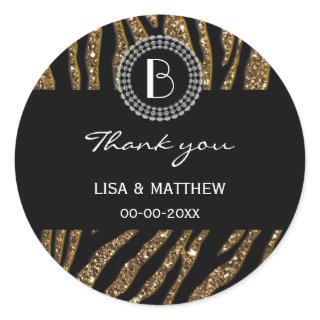 Animal Print Glitter Zebra Pattern and Monogram Classic Round Sticker
