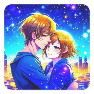 Anime Couple Cuddling with a City View Square Sticker