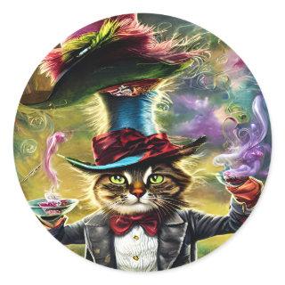 anthropomorphic Cat Mad Hatter Fantasy Fairytale  Classic Round Sticker