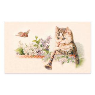 Anthropomorphic Cat Playing Horn - Vintage Art Rectangular Sticker