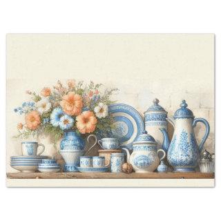 Antique Blue and White Dishes Coffee Pot on Shelf  Tissue Paper