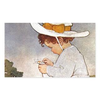 Antique Child Picking Daisies Flowers Rectangular Sticker