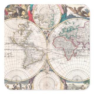 Antique Double-Hemisphere World Map Square Sticker