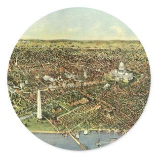 Antique Map with a Panoramic View of Washington DC Classic Round Sticker