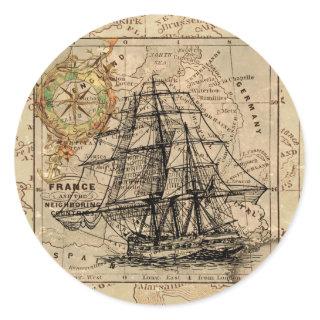 Antique Old General France Map & Ship Classic Round Sticker