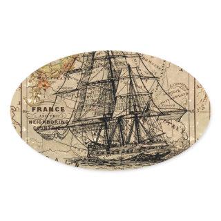 Antique Old General France Map & Ship Oval Sticker