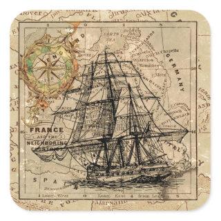 Antique Old General France Map & Ship Square Sticker