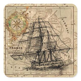 Antique Old General France Map & Ship Square Sticker