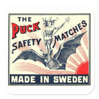 Antique Puck Riding Bat Swedish Matchbox Label