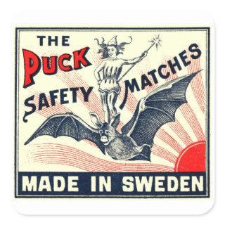 Antique Puck Riding Bat Swedish Matchbox Label