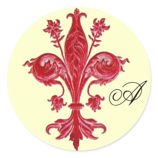 ANTIQUE RED FLEUR DE LISE MONOGRAM ,Cream Classic Round Sticker