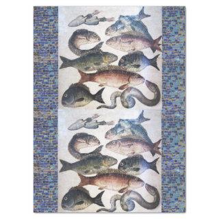 ANTIQUE ROMAN MOSAICS,FISHES,OCEAN SEA LIFE SCENE TISSUE PAPER