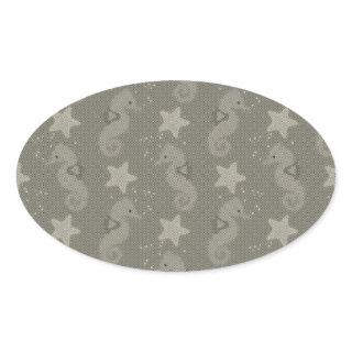Antique Seahorse And Starfish Pattern Oval Sticker