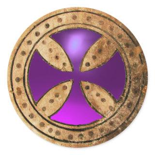 ANTIQUE TEMPLAR CROSS Purple Amethyst Gem Classic Round Sticker