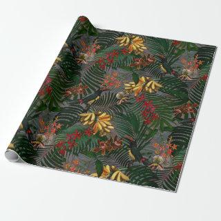 Antique tropical flower and bird jungle pattern