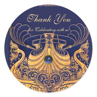 Antique Vessel,Dolphins,Gold,Navy Blue "Thank You" Classic Round Sticker