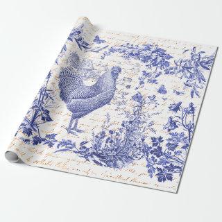 Antique Vintage Rooster Blue Toile Floral Script