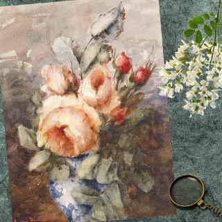 ANTIQUE WATERCOLOR OF ROSES IN A VASE TISSUE PAPER