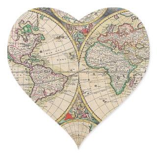 Antique World Map Heart Sticker