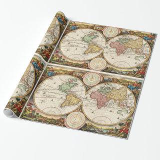 Antique World Map Two Hemispheres Rare Vintage Art
