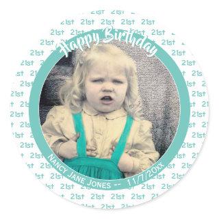 Any Age & Photo: Birthday Number Pattern Teal Classic Round Sticker