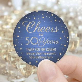 ANY Birthday Cheers Brushed Blue and Gold Confetti Classic Round Sticker
