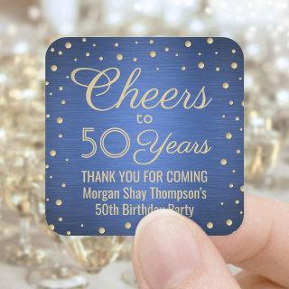 ANY Birthday Cheers Brushed Blue and Gold Confetti Square Sticker