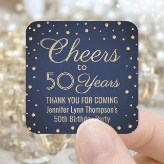 ANY Birthday Cheers Navy Blue and Gold Confetti Square Sticker