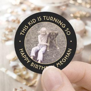 ANY Birthday Party Chic Simple Photo Black & Gold Classic Round Sticker