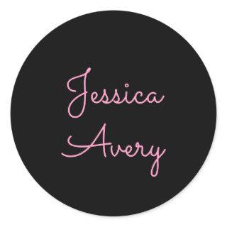 Any Name | Cool Editable Pink Script on Black Classic Round Sticker