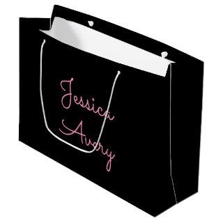 Any Name | Cool Editable Pink Script on Black Large Gift Bag