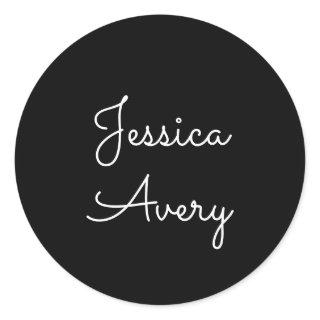 Any Name | Cool Editable White Script on Black Classic Round Sticker