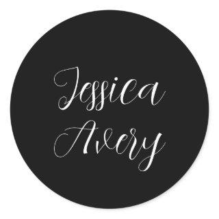 Any Name | Elegant Editable White Script on Black Classic Round Sticker