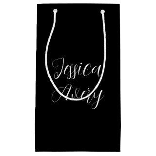 Any Name | Elegant Editable White Script on Black Small Gift Bag