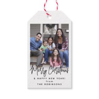 Any Text Modern Script Simple Photo Black & White Gift Tags