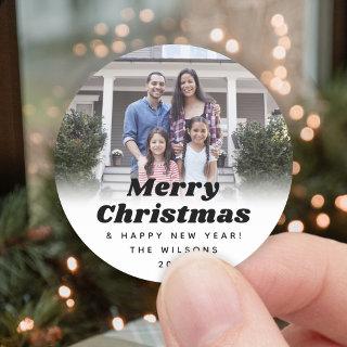 Any Text Simple Retro Christmas Photo Black White Classic Round Sticker