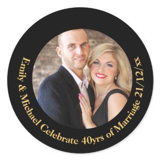 ANY Wedding Anniversary Black Gold Marble PHOTO Classic Round Sticker