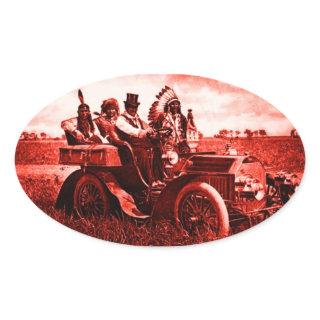 APACHES AND GERONIMO DRIVING A MOTOR CAR OVAL STICKER