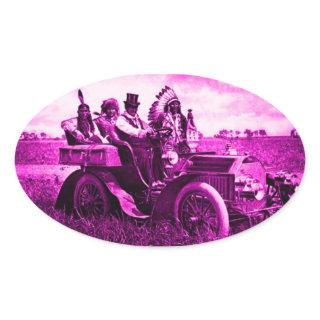 APACHES AND GERONIMO DRIVING A MOTOR CAR OVAL STICKER